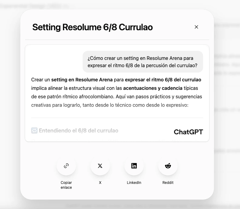 Interface de la IA Chat GTP siendo usada para crear un setting en ritmo currulao para Resolume Arena